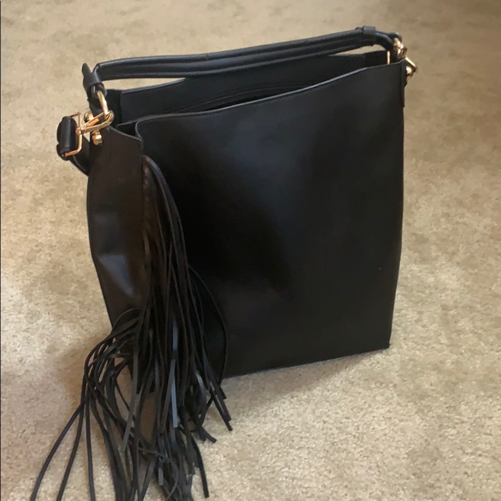 Black Leather Fringe Bag
